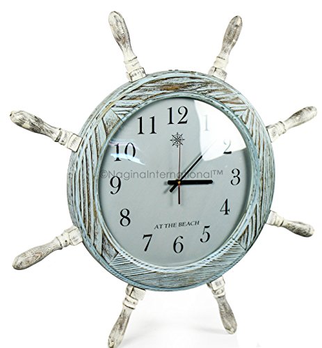 Nagina International 28 Inches Large Premium Pine Wood Nautical Ship Wheel Vintage Clock | Pirate's Gift | Beach Home Decor