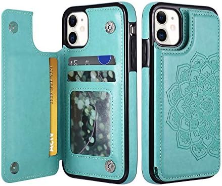UEEBAI Case for iPhone 11 6.1", Luxury PU Leather Case [Two Magnetic Clasp] [Card Slots] Stand Function Embossed Mandala Pattern Half Flower Durable Soft TPU Back Wallet Cover - Grey#2