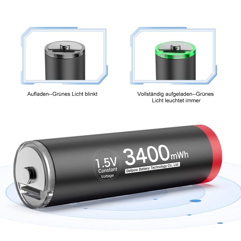 Piles Rechargeables AA 1,5V Lithium 3400mWh de Haute capacité,Pile AA Lithium Rechargeable 1500 Cycle USB C 8 Piles