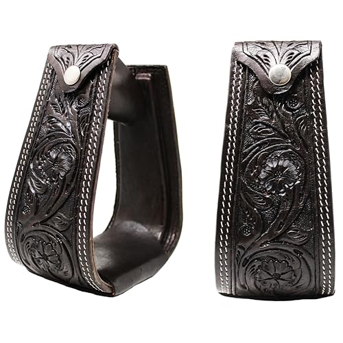 Stirrups Pair – Hand-Carved Leather Western Black Floral Tooled Saddle