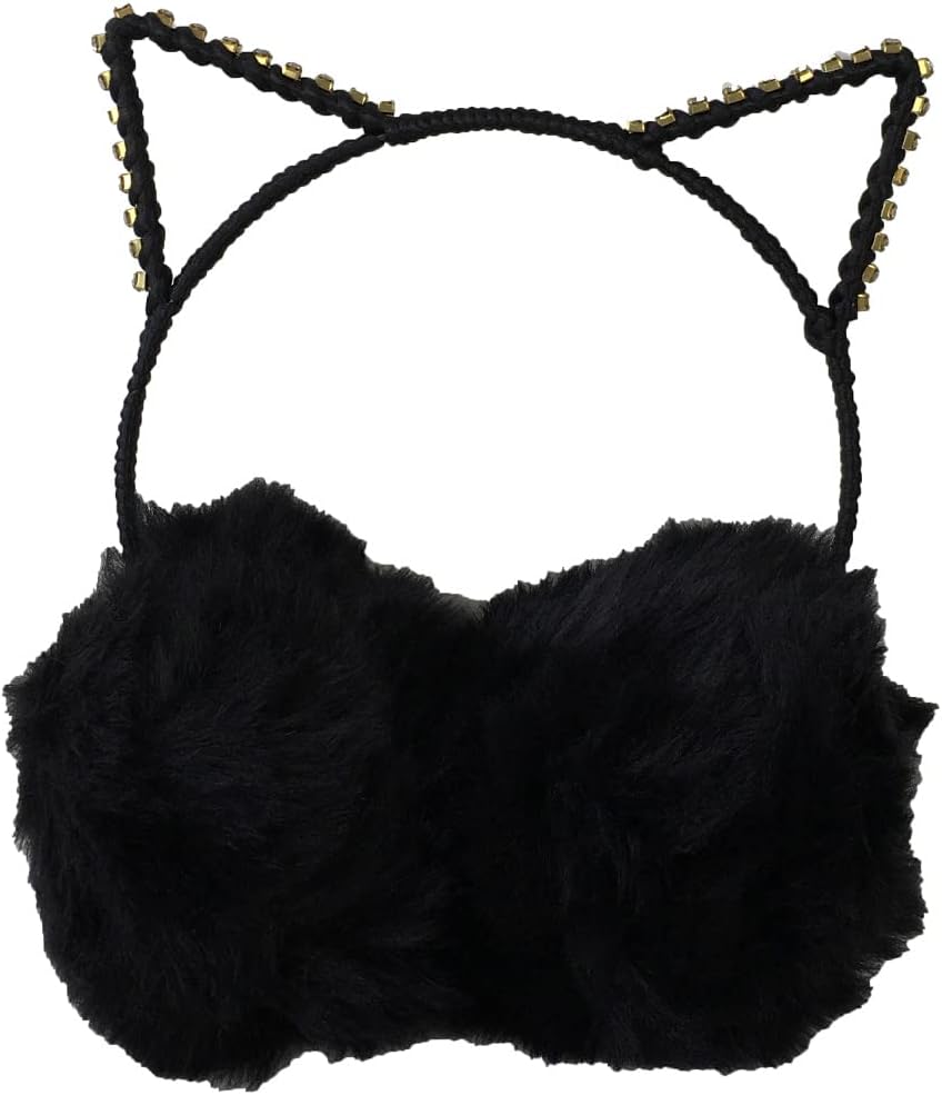 F.C. Fashion Culture Women's Black Cat Ear Earmuffs, 3D Crystal Faux Fur Winter Headband, Cozy Warm Accessory