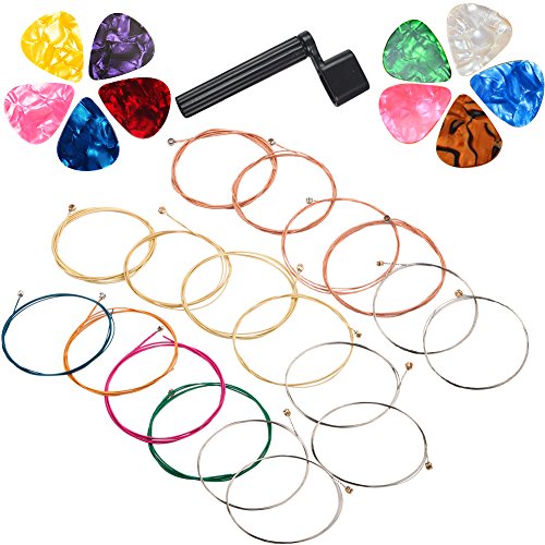 Ccmart 3 set di 6 corde per chitarra di ricambio in acciaio string con una chitarra peg Puller ponte di rimozione di pin e 10 plettri per chitarra acustica (1 in ottone ,1 rosso rame ,1 multicolor )
