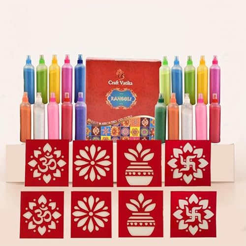 CraftVatika 20 Rangoli Colours Bottles Powder Tube Kit with 8 Paper Rangoli Stencils for Diwali Decor Items, Diwali Decoration Items Rangoli Maker for Rangoli Making Tools Kit, Pooja Decoration Items