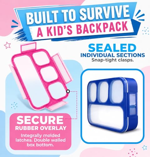 Image of kinsho Bento Lunch Box for Kids Adults, 4 Sealed Divided Compartments, Portion Control Meal or Snack Containers for Boys Girls Women Men, School Work BPA Free with Utensils, Blue + Rose Pink 2 Pack