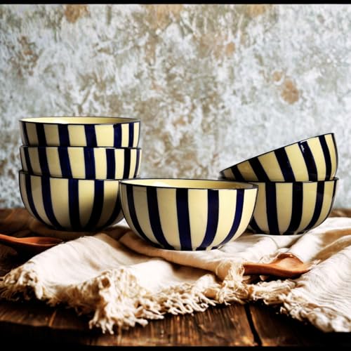Image of Freakway Blue Striped Ceramic Bowls Set | Handcrafted Stoneware for Snacks, Soup, Dessert & Serving | Premium Tableware | Set of 6