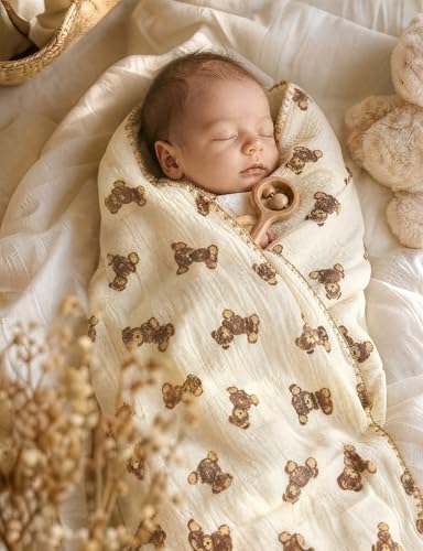 Image of Baby Blanket 40x40 Inches,Muslin Cotton and Minky Dotted Double Layer Soft Receiving Blanket for Newborn Toddler,Cuddle Bear