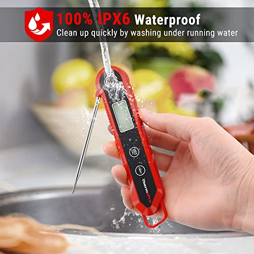 ThermoPro Digital Food Thermometer Probe, IPX6 Waterproof Meat Thermometer Foldable Probe with Backlight/Calibration/Lock Fuction, Kitchen Instant Read Use for Chicken, Beef, Fish, Pork, Ham, Red - Image 4
