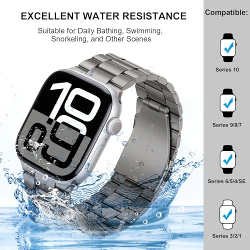 Image of HITZEE Compatible with Apple Watch Band 46 /45 /44 /42mm Business Stainless Steel Metal Strap Men Women Link Bands Compatible for iWatch SE3-1 Series 11 10 9 8 7 6 5-1, 42 /44 /45 /46mm Titanium