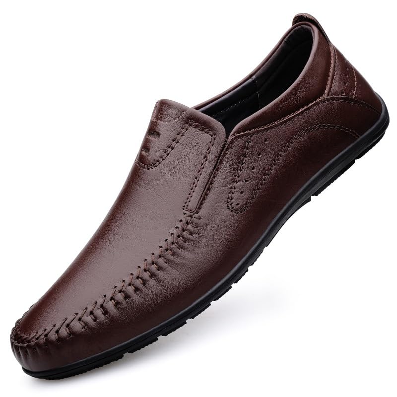Loafers for Men Round Toe Leather Solid Color Loafer Shoes Comfortable Flexible Anti-Slip Classic Outdoor Slip-ons