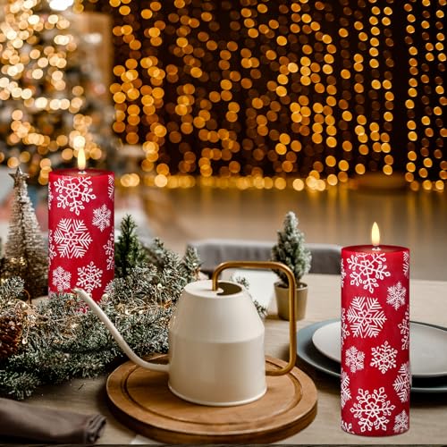 Image of Wondise Christmas Flameless Candles with 6hrs Timer, Snowflakes Battery Operated Flameless Flickering Red Candles with 3D Wick Real Wax LED Candles for Christmas Holiday Indoor Decoration(2.6 inchx7.8 inch)