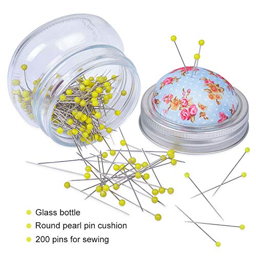 eZAKKA Sewing Needle Cushion Holder with Glass Bottle 200 Pieces Pearl Needles Quilting Pin Cushion Kit