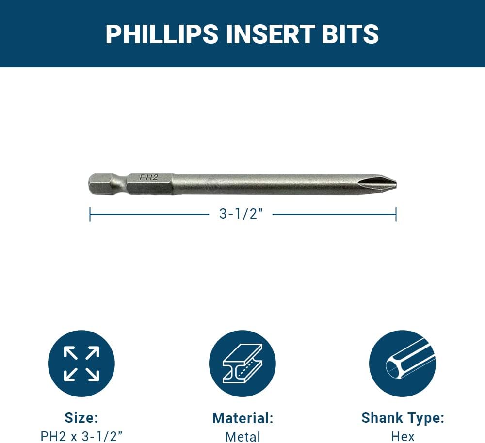 Benchmark Abrasives 1/4 Inch Hex Anti Slip Phillips Insert Screw Head Screwdriver Bits, Rotary Drill Bits for Repairing Electronics, Automotive Parts, Furniture (50 Pack) - (PH2 x 3-1/2")