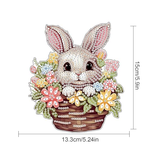 Image of AiYuanzsh Rabbit Flower Basket Diamond Painting Hanging Kit, 5D DIY Acrylic Special Shaped Diamond Art Pendant Ornament with Chain for Wall, Door, or Garden Decor, Easter Diamond Art Kit for Adults