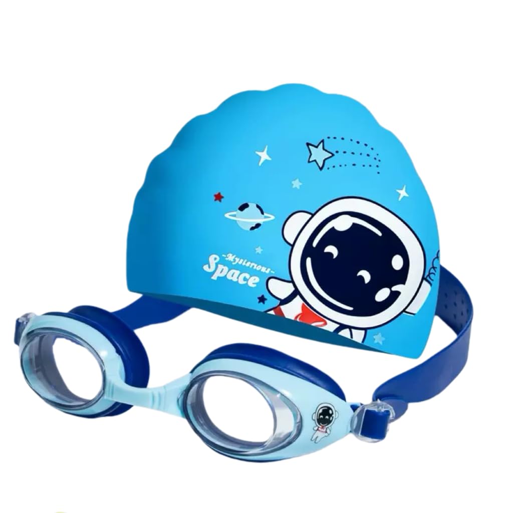 GS Forever Kids Swim Goggles & Silicone Swim Cap Set, Adjustable Anti-Fog UV Protection Pool Goggles + Stretchable Swim Hat, Leak-Proof Children Swimming Gear for Boys Girls Ages 3-12 (Space)