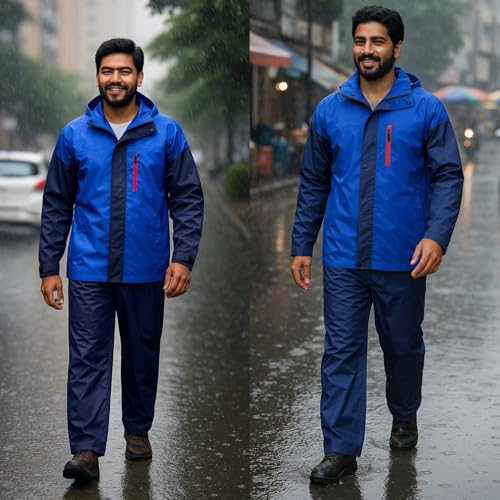 Image of SINGHAL Men Waterproof Large Raincoat Set with Pants | Full Sleeves Jacket | Double Layered, Hooded | Lightweight & Breathable | Perfect for Monsoon