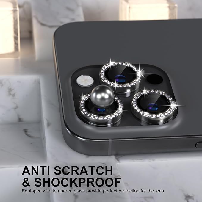 Image of Compatiable with iPhone 16 Pro / 16 Pro Max Camera Lens Protector Ring - Diamond Design | 9H Tempered Glass | HD Clear | Anti-Scratch | Anti-Drop Black Diamond