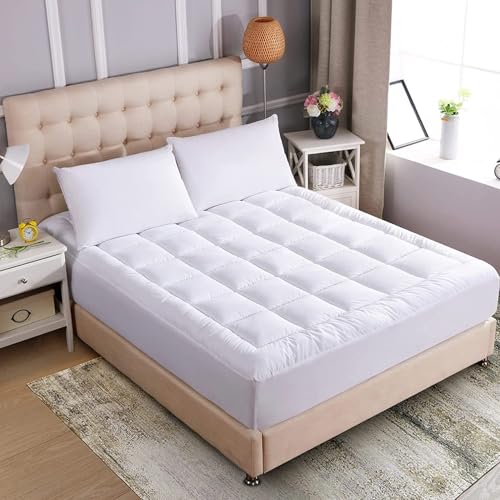 Image of WhatsBedding Waterproof Mattress Topper Queen Size Cotton Top Down Alternative Filling Pillowtop Mattress Topper Cover-Fitted Quilted