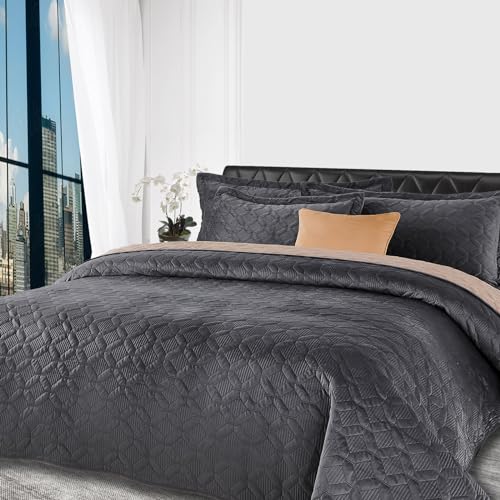 Querencia 4 Piece Luxury Gray Velvet Quilt King Size Comforter Set - Velvet Coverlet Grey Bedspread, Mens Jewel Tone Masculine Bedding, Thin Summer Quilt with King Shams Geometric (King/Cal King)
