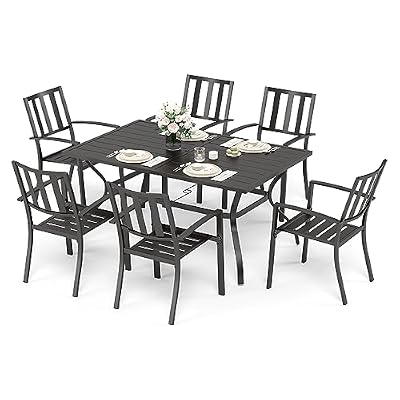 Sophia & William Patio Dining Set Metal Outdoor Table and Chairs Furniture Set 7 Piece, Large 60.2" Dining Table with Umbrella Hole and 6 Backyard Garden Chairs Support 300LBS for Deck, Lawn, Garden