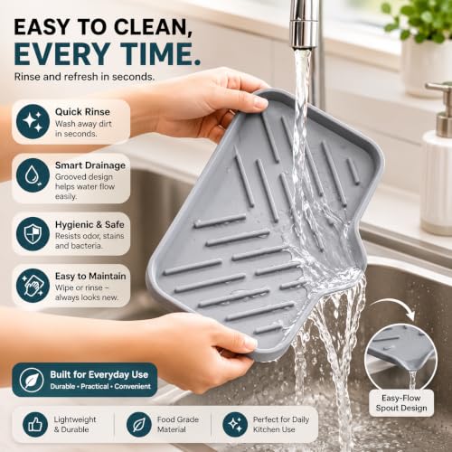 Image of Clazkit Silicone Soap Tray for Kitchen Sink | Self-Draining Soap Dish with Waterfall Design | Flexible, Non-Slip Holder for Soap, Sponge & Brush
