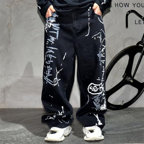 Men’S Hip Hop Baggy Straight Paint Graffiti Pants Button Fly Midweight Unwashed Streetwear Skateboard Full Length Jeans3