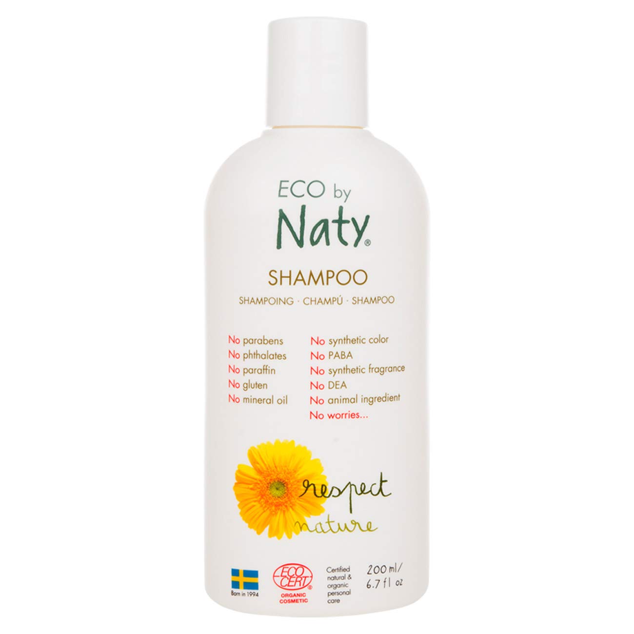 Eco by NatyShampoo, 100% Plant-Derived Ingredients with 0% Perfume, Hypoallergenic and Dermatologically d, 200 ml Bottle