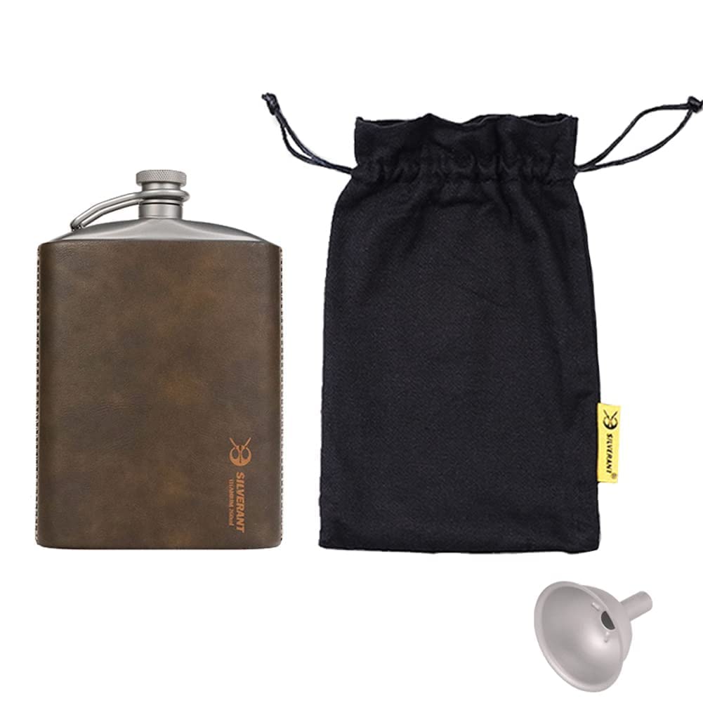 SILVERANT Titanium Ultralight 7.74fl oz/220ml Hip Flask Canteen, Lightweight Compact Outdoor Camping Drinkware, Limited Edition with Leather Case & Funnel
