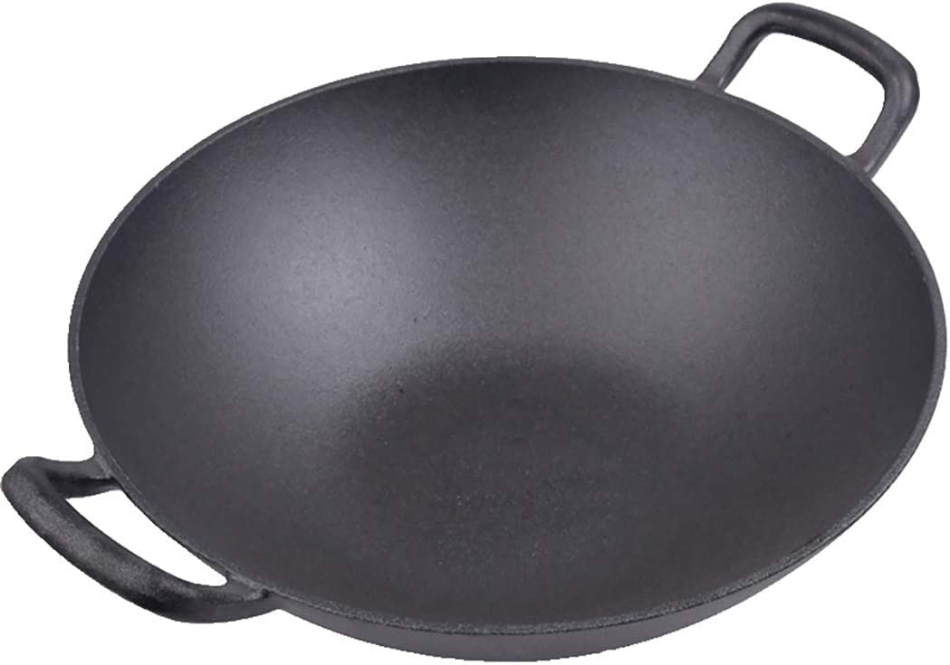 Wok nero 32 cm con coperchio antiaderente spesso doppio orecchio mescolato stufato zuppa stufato ferro wok gas speciale (dimensioni: 32 cm di lunghezza x 9,9 cm di altezza)