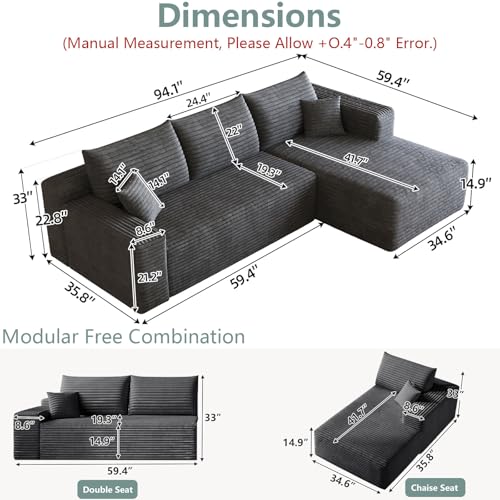 Image of 95 inch Modular Sectional Sofa, Modern Corduroy Cloud Couch with Side Pockets, Boneless Couch Upholstered 3-Seater L-Shaped Sofa for Living Room, No Assembly Required (Dark Gray,Right-Facing Chaise)