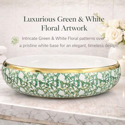 Image of Wallace Designer Oval Table Top Wash Basin 60x40x15 cm | Green & White Floral Ceramic Countertop Vessel Sink with Gold Rim | Luxury Above Counter Bathroom Vanity Basin