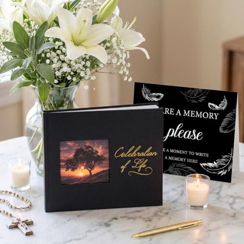 Image of Funeral Guest Book, Celebration of Life GuestBook with Photo Slot | 330 Entries, Table Sign Card Included, Gold Stamping, Twill-Textured Paper Cover, in Loving Memory Keepsake, 9x7.5 inch, Black