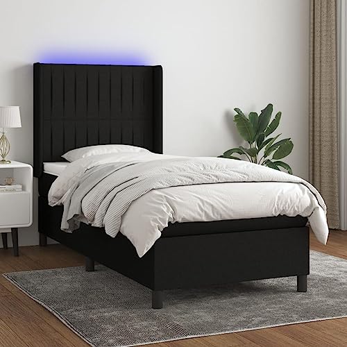 Frdhee Moderna cama juvenil con marco de cama, cama con somier con colchón LED negro, 90 x 200 cm, tela adecuada para dormitorios, habitaciones de invitados y hoteles, fácil montaje, diseño moderno