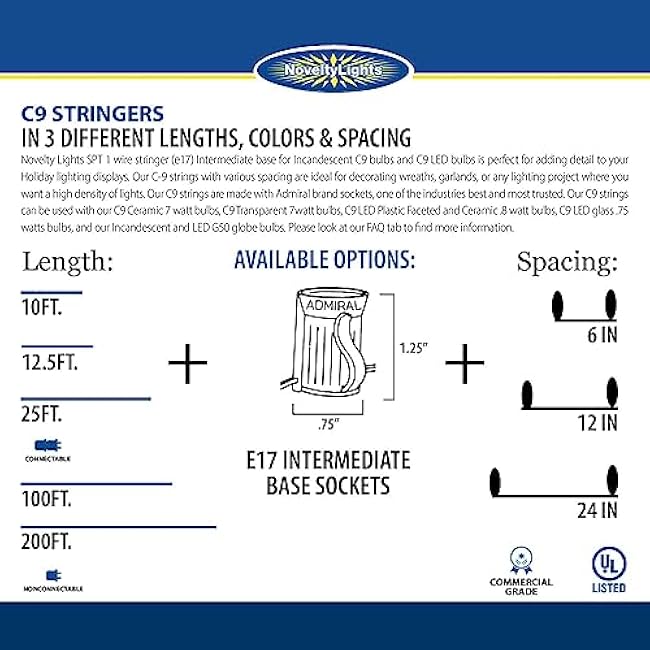 Novelty Lights 25 Foot String Light Set - Indoor/Outdoor Stringer Set for Christmas, Wedding Decor, Patios, & More - C9/E17 Intermediate Base (White Wire, 12 Spacing)