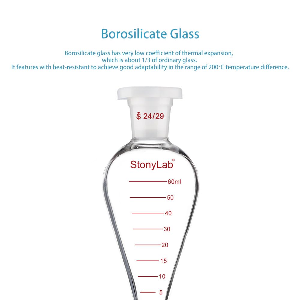 stonylab Entonnoir de Séparation Gradué, Forme de Poire Conique à Paroi Épaisse en Verre Borosilicaté, Robinet en PTFE et Bouchon Supérieur en Plastique, 60 ml