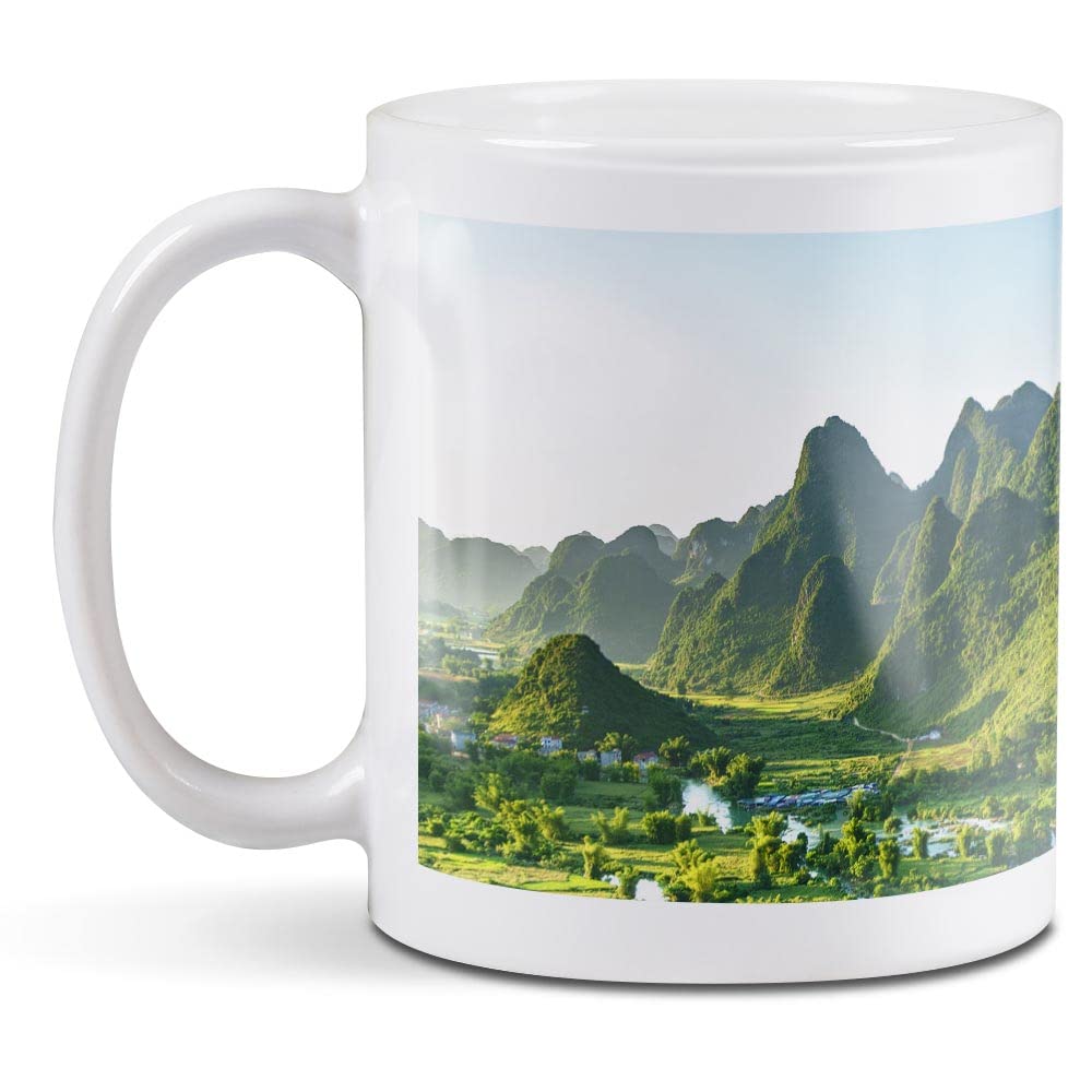 1 x 11oz (284ml) White Ceramic Mug Cup - Ban Gioc Waterfall Vietnam Design for Coffee Tea Drinks Kitchen Birthday Office Fun #21184