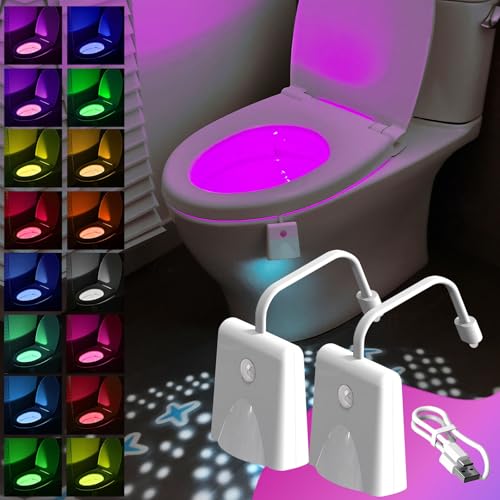 Lot de 2 Cuvette Toilette LED,Rechargeable USB Veilleuse Detecteur de Mouvement,16 Couleurs Éclairage de Toilette LED, étanche Cuvette Toilette, Installation...