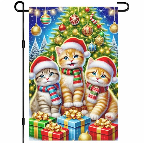 Image of BlissYard Garden Flag Kitten Pine Tree Winter 12x18 Inch Polyester