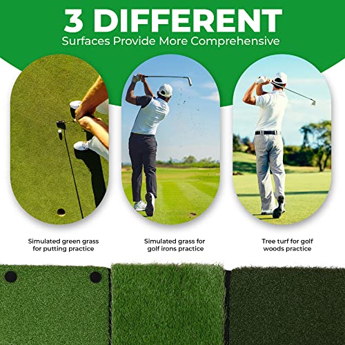Birdie Golf Turf Practice Mat – Large 3-In-1 Golf Hitting Mat With Different Artificial Grass Turfs – Practical And Versatile Golf Swing Mat For Indoor/Outdoor Use – Non-Slip Rubber Base #TOP3