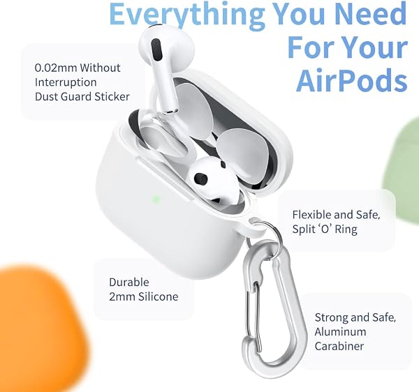 AirPods 4 ケース 第4世代 ケース (2024) カバー シリコン 保護ケース イヤホン 収納 エアポッドプロ ケース キズ防止 カラビナ付き 装着したまま充電 金属製 防塵カバー 汚れ防止 金属粉 侵入防止 極薄型 ダスト ガード シルバー AirPods 4 Case Silicone Protective Cover (ライトニング) - 4