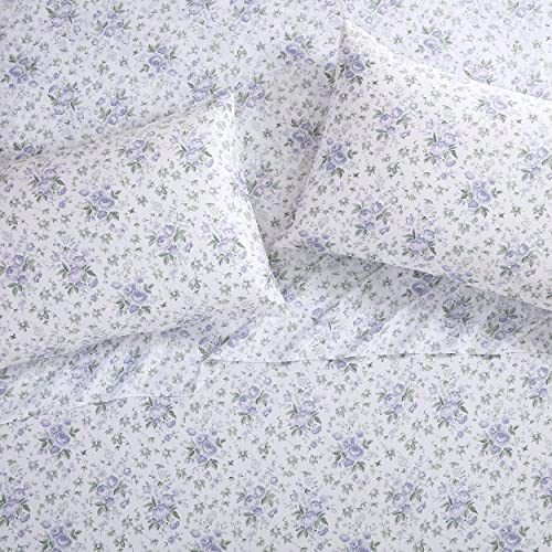 Image of Laura Ashley - Queen Size Sheet Set, Soft Cotton Sateen Bedding with Fitted Sheet and Pillowcases, Floral Bedroom Decor, Deep Pocket, College Dorm Room Essentials (Lilian Purple)