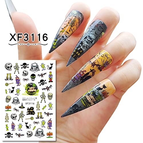 Halloween Nail Stickers, 12 Sheet Nail Art Stickers For Acrylic Nails, Lrhinetar 3D Nail Stickers For Nail Art Self-Adhesive Pumpkin Cute Bat Ghost Witch Nail Decals For Women Girls Kids #TOP3