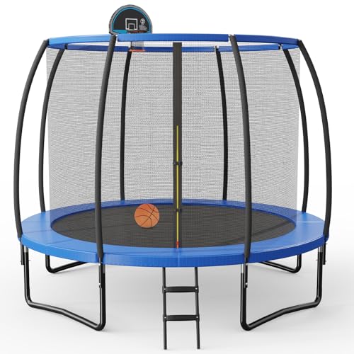LIFEZEAL Trampolino da 245 cm con rete di protezione, elastico esterno con anello da pallacanestro, per bambini e adulti, letto elastico ricreativo con scala antiscivolo (10FT)