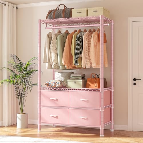 Image of Raybee Clothes Rack with Drawers, 35 inch W Pink Clothing Rack Load 450LBS for Bedroom Apartment Dorm, Heavy Duty Metal Portable Closet with Adjustable Shelves, Multi-Function, Easy Assembly
