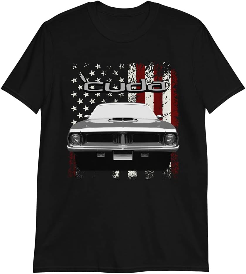 1972 Cuda Muscle Car American Flag Patriotic Graphic T-Shirt | Car Enthusiast Gift