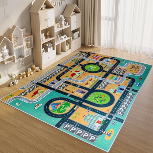 HOJOMACA Kids Rug Mat Carpet, Educational Kids Play Rug Mat - Non-Slip Floor Carpet for Playroom & Bedroom, Toy Car Track Design, Washable Area Rug for Toddlers(Neighborhood,32×47inch)