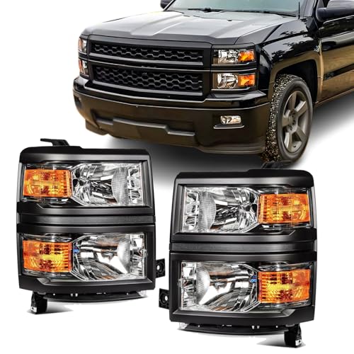 corkiauto Headlights Assembly for 2014 2015 Chevy Silverado 1500 Halogen Head Light Headlamp Replacement Driver and Passenger Side Black Housing Amber Side