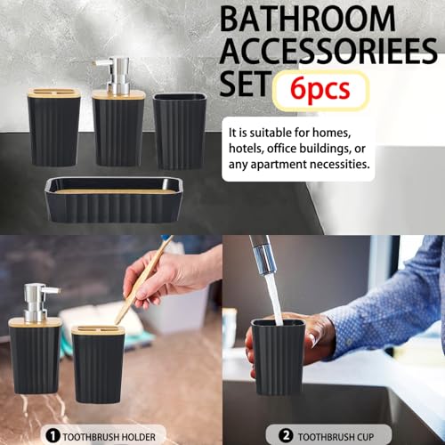 6 Pieces Black Bathroom Accessories Set,Modern Minimalist Design Plastic Bamboo Bathroom Organizer Kit with Soap Dispenser,Dish,Toothbrush Holder,Cup, Toilet Brush,Trash Can for Home/Hotel - Image 4