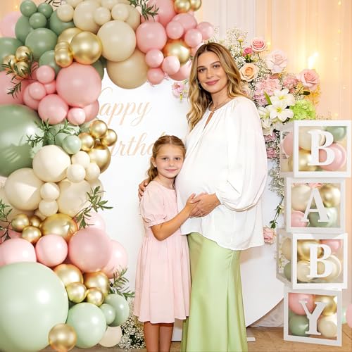 Pink and Green Gold Balloon Arch Kit, 132Pcs Pink and Green Baby Shower Decorations with Baby Boxes Letters for Girls Boho Baby Shower Gender Reveal Birthday Party Decorations — view 5