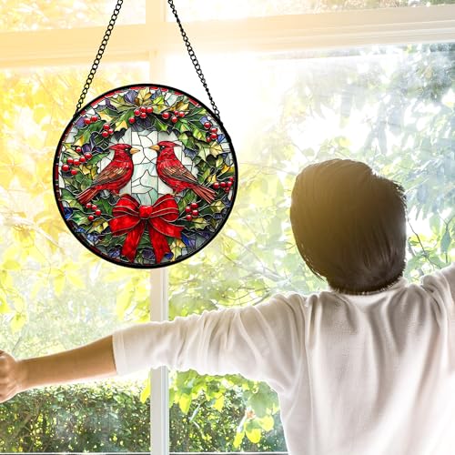 Image of DASTOLL Stained Glass Window Hanging - Cardinals Green Wreath Suncatcher for Doors Home Christmas Decoration Red Bird Sun Catcher Thanksgiving New Year Birthday Gift for Women Men Mom Nana 9.8 in