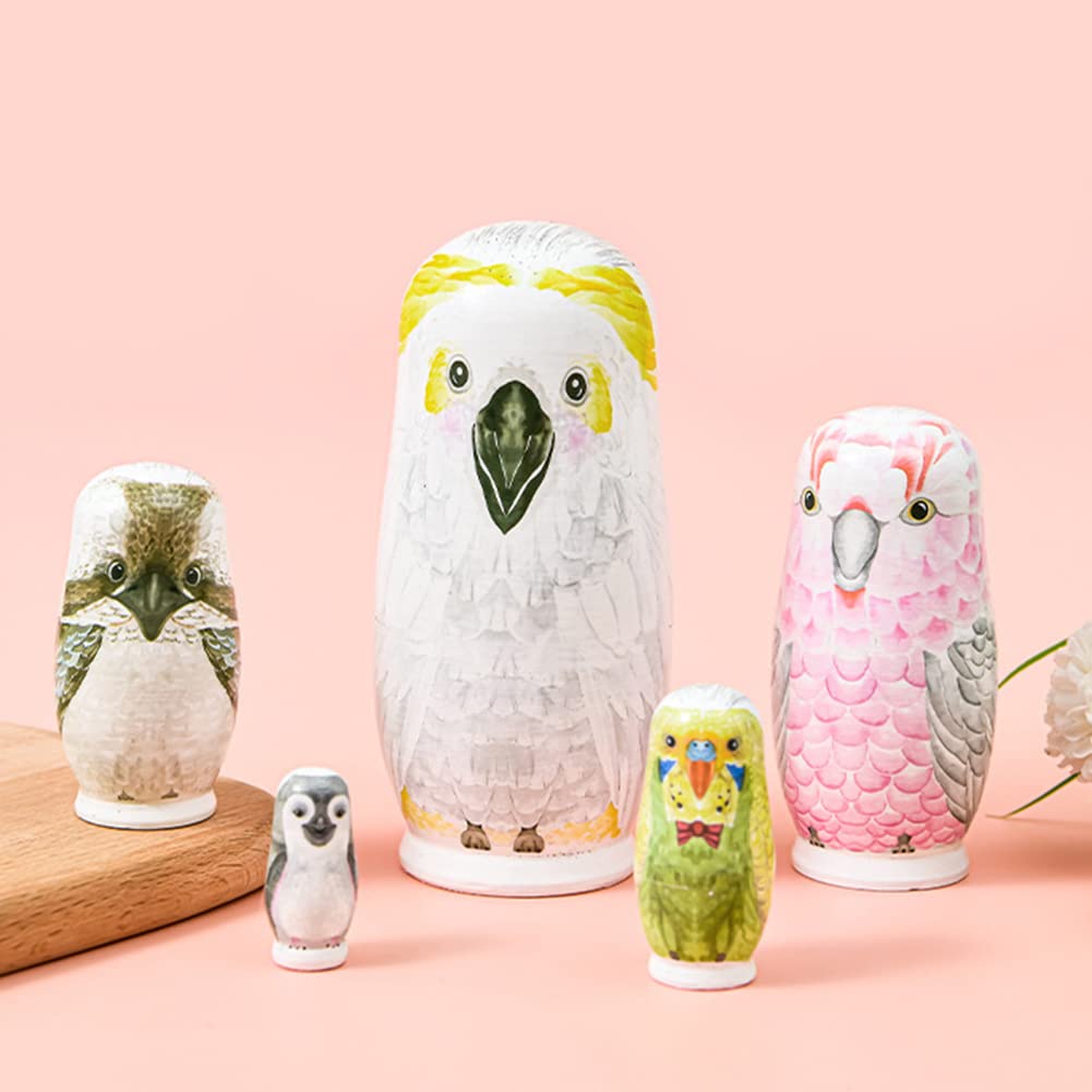 Boerni Juego de 5 muñecos rusos de madera con diseño de búho, hechos a mano, para niños, cumpleaños, Navidad, decoración del hogar